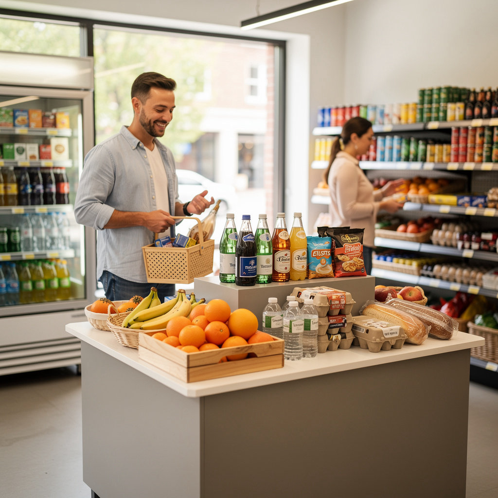 Victoria Market shelves stocked with snacks, beverages, and household essentials for quick shopping in Santa Barbara